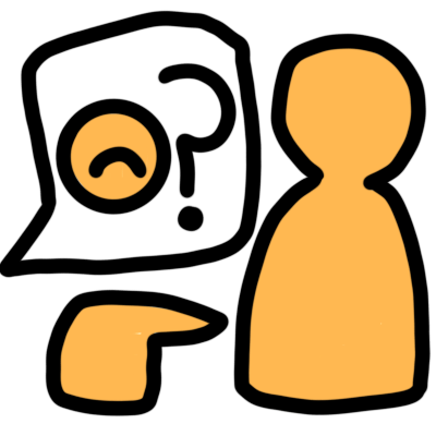 a hand pointing to a figure. above the hand is a speech bubble with a sad face and a question mark